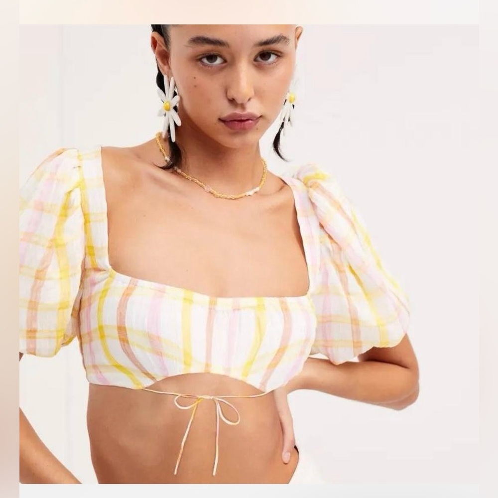 For Love And Lemons Yellow and White Puff Sleeve Crop Top size large